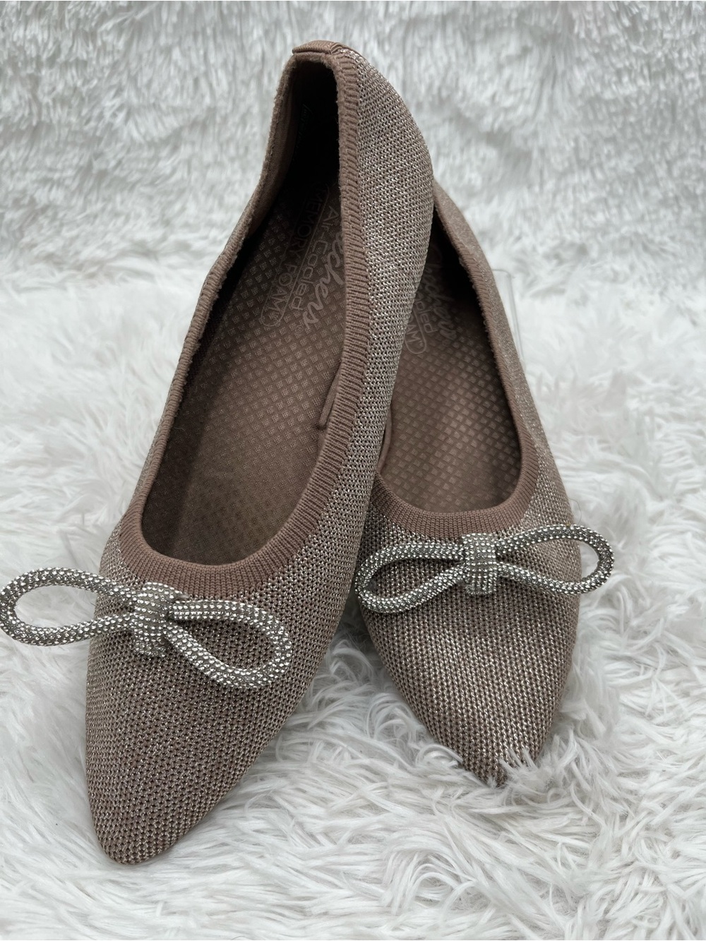 Skechers Flats Size 9 Mocha Air-Cooled Memory Foam Rhinestone Bow Pointed Toe - Picture 3 of 8